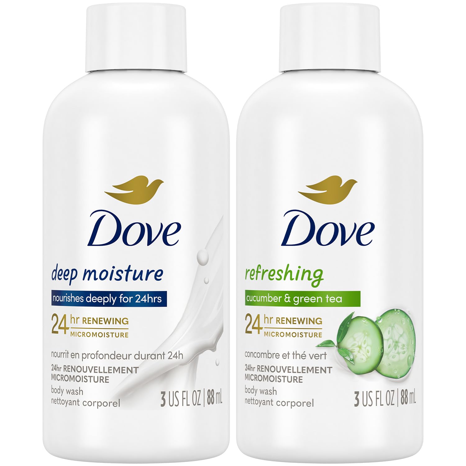 Dove Body Wash Travel Essentials Variety 2-Pack – Refreshing Cucumber & Green Tea + Deep Moisture Nourishing Body Washes 3 Oz Ea - Renee Lane Company