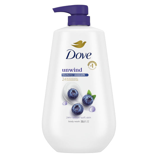 Dove unwind body wash bottle, white with purple pump and blue berry moon milk scent