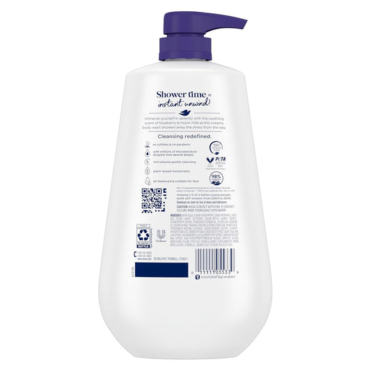 Dove unwind body wash bottle back label with ingredient panel and barcode, purple pump