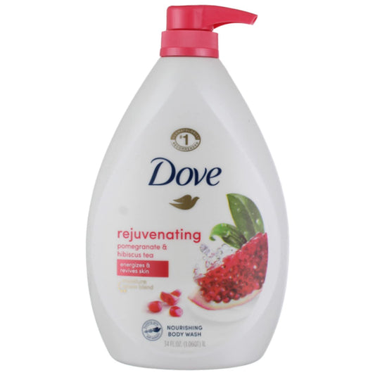 Dove body wash bottle with pink pump and white label, pomegranate hibiscus graphics