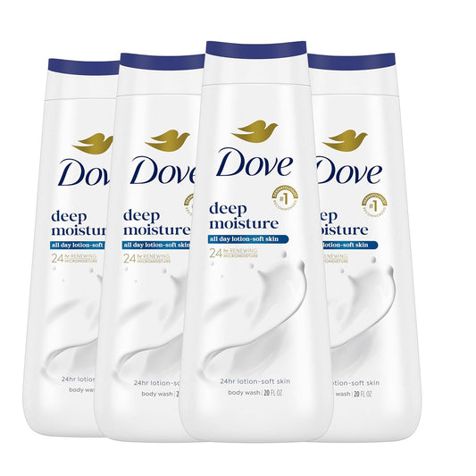 Dove deep moisture body wash, pack of four 20 oz bottles, white with blue caps