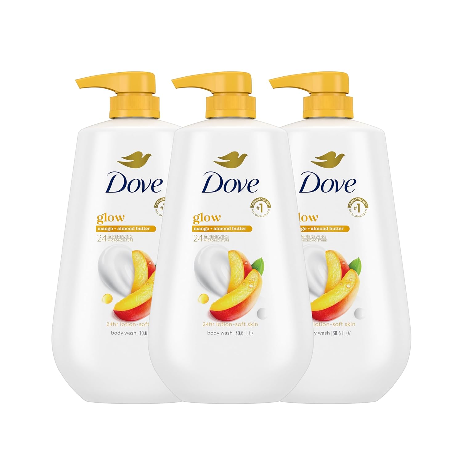 Dove Body Wash with Pump 3 Count Glowing Mango & Almond Butter for Renewed, Healthy-Looking Skin Gentle Skin Cleanser with 24hr Renewing MicroMoisture 30.6 oz - Renee Lane Company