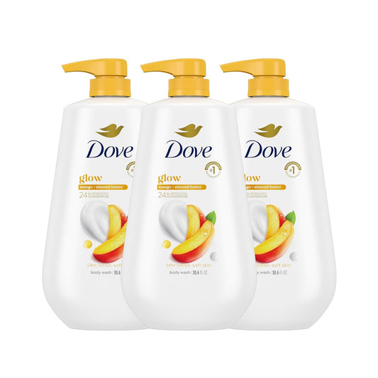 Dove body wash pump bottles, three-pack, white bottles with gold pumps