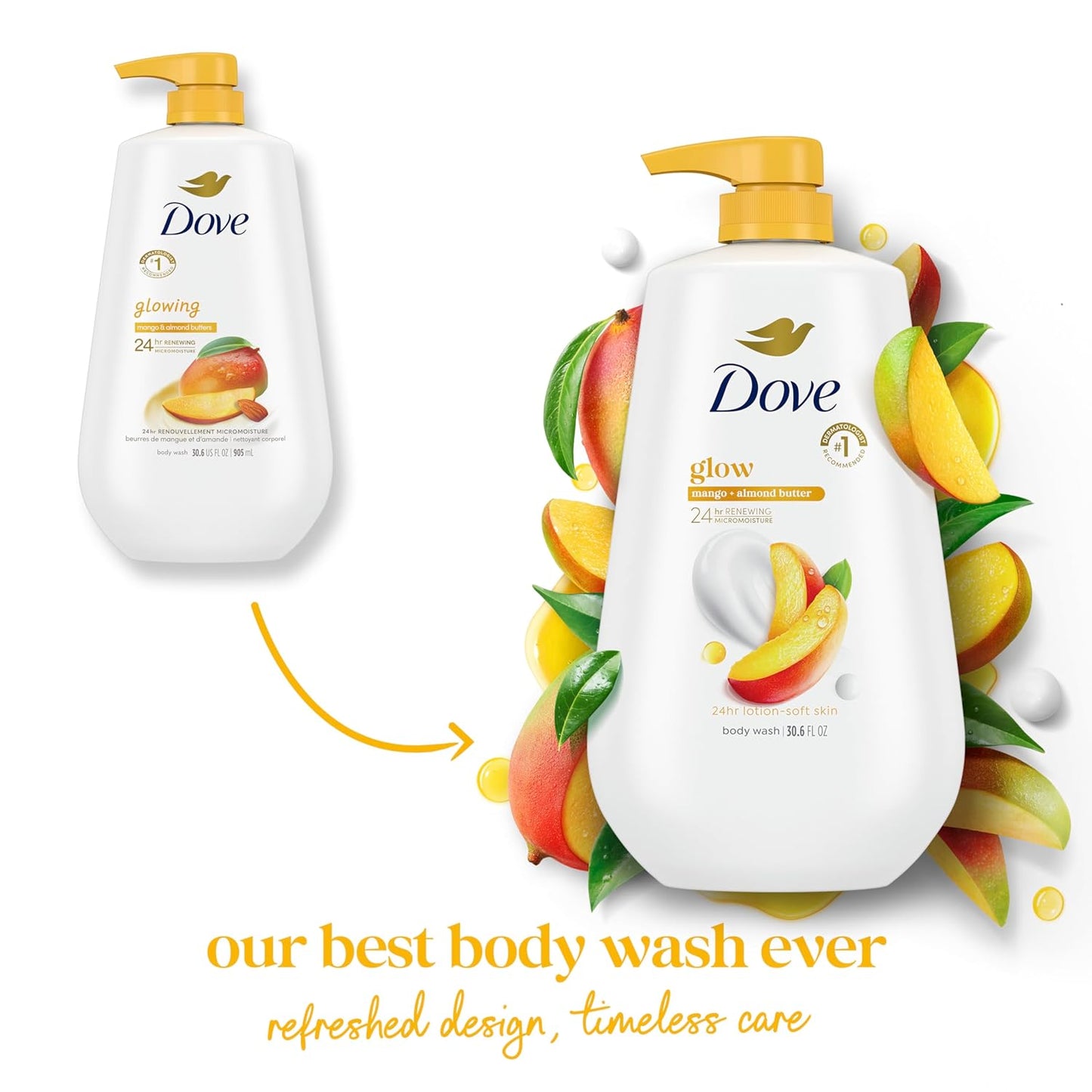 Dove Body Wash with Pump 3 Count Glowing Mango & Almond Butter for Renewed, Healthy-Looking Skin Gentle Skin Cleanser with 24hr Renewing MicroMoisture 30.6 oz - Renee Lane Company