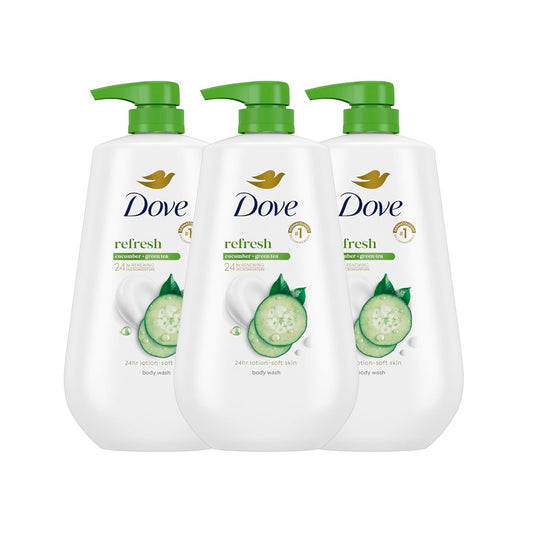 Dove body wash refresh 3-pack with green pump, cucumber and green tea bottles