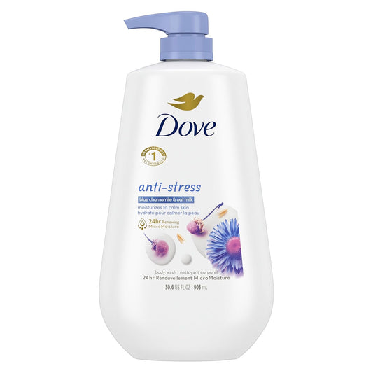 Dove body wash pump bottle, white with blue anti-stress label