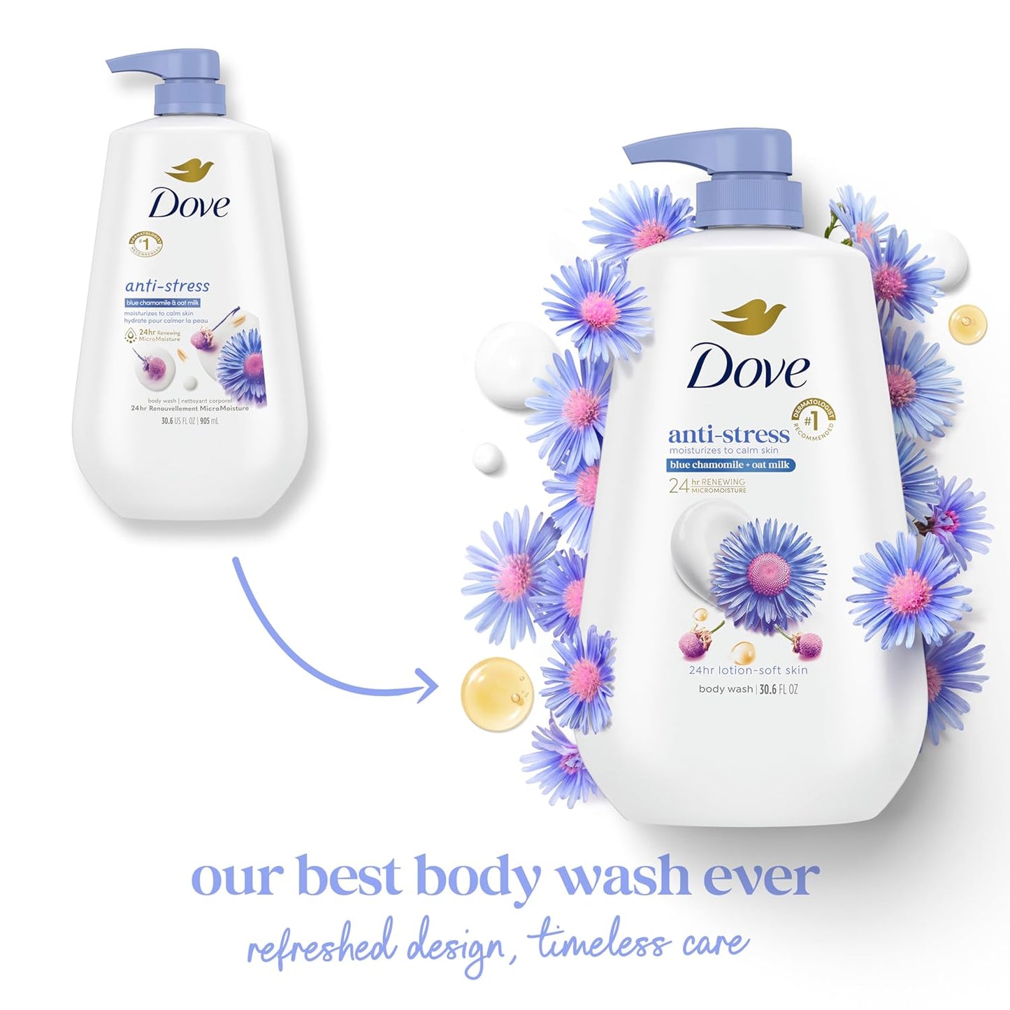 Dove Body Wash with Pump Anti-Stress Blue Chamomile & Oat Milk, for 24hr Lotion-Soft Skin Moisturizing Skin Cleanser with No Sulfates No Parabens 30.6 oz - Renee Lane Company