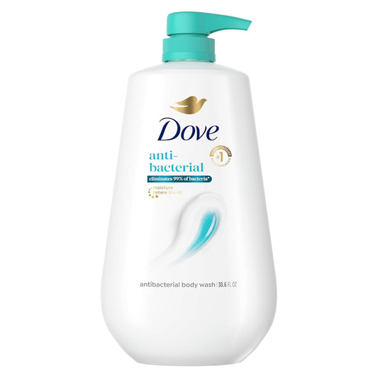 Antibacterial body wash bottle with turquoise pump, white bottle with Dove label