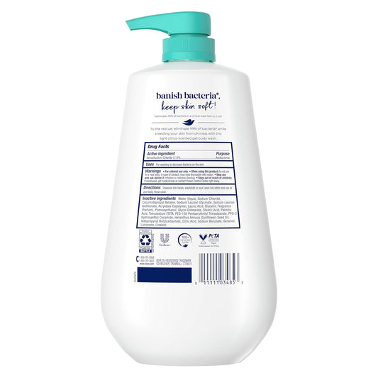 Antibacterial body wash bottle back label with turquoise pump, white bottle