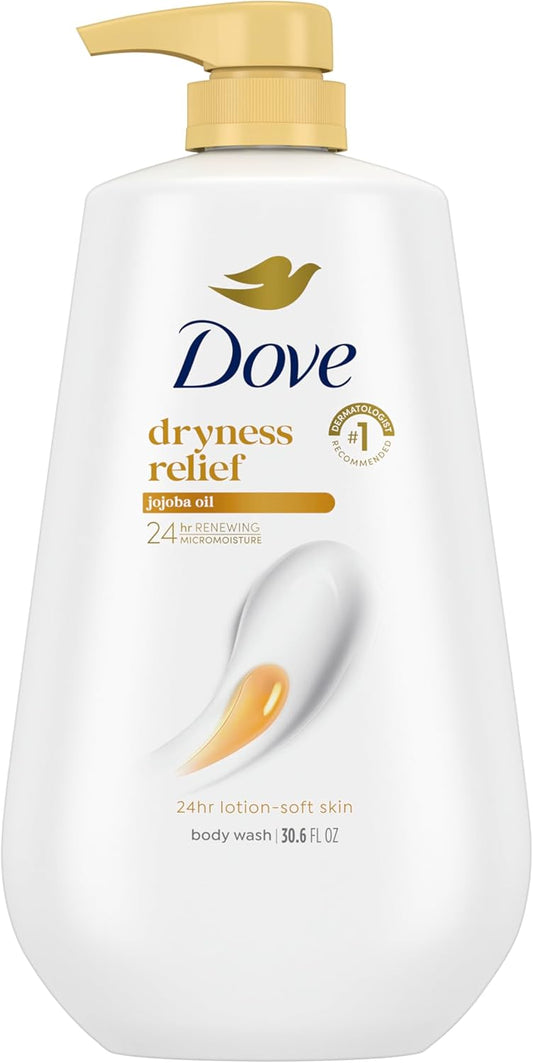 Body wash bottle with gold pump and Dove logo on white front label