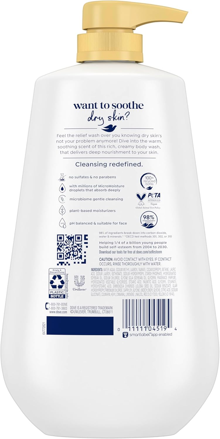 Dove Body Wash with Pump Dryness Relief with Jojoba Oil For 24hr Lotion-Soft Skin Moisturizing Skin Cleanser with No Sulfates No Parabens 30.6 oz - Renee Lane Company
