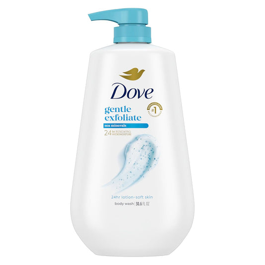 Dove gentle exfoliate body wash bottle with pump, white bottle and blue pump
