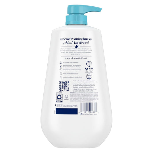 Dove body wash bottle back label with pump, barcode and product details