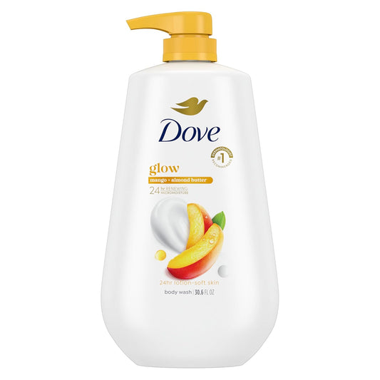 Dove Glow body wash bottle with pump, white with mango-almond logo and yellow cap