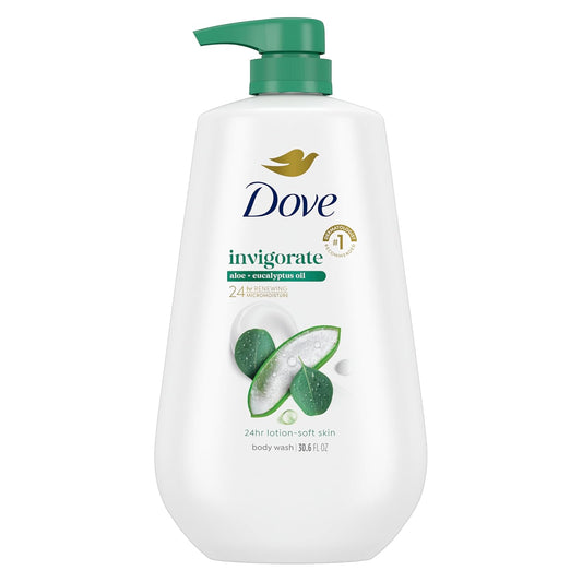 Body wash bottle with green pump, white bottle with aloe and eucalyptus graphics.