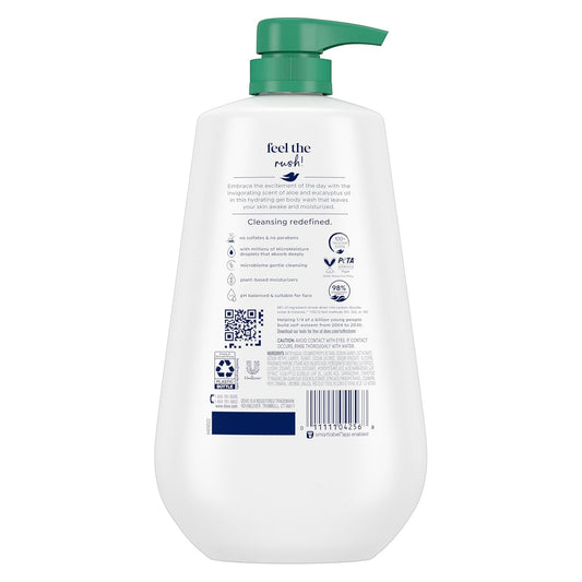 Body wash bottle back label view, white bottle with green pump.