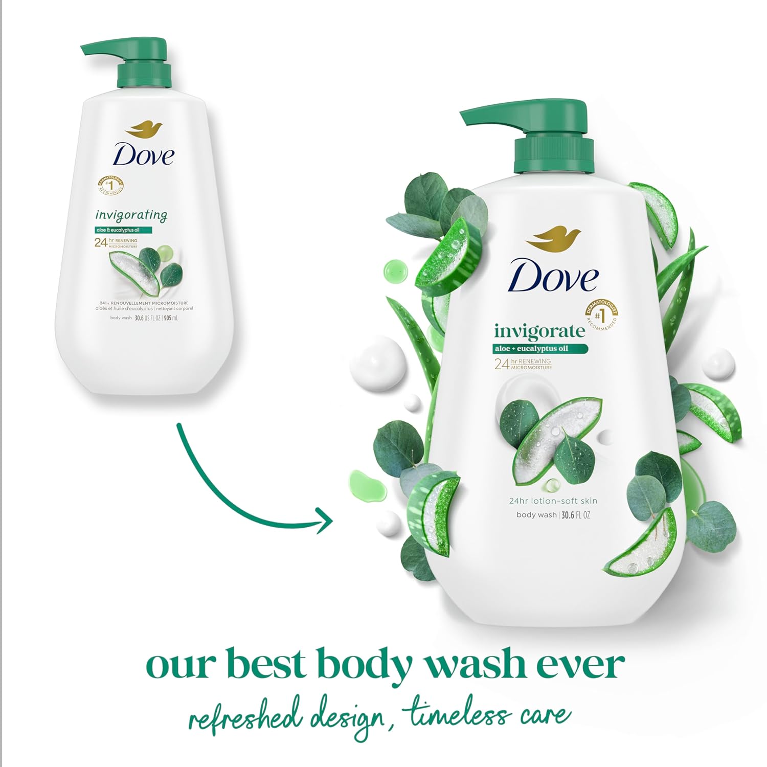 Dove Body Wash with Pump Invigorate Aloe & Eucalyptus For 24hr Lotion-Soft Skin Moisturizing Skin Cleanser with No Sulfates No Parabens 30.6 Oz - Renee Lane Company