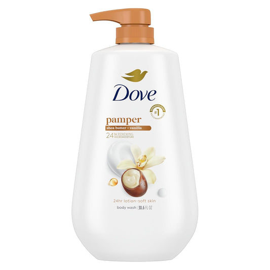 Body wash bottle with pump, white bottle and brown pump, Dove pamper label
