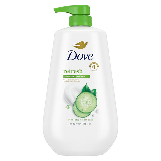 Dove body wash bottle with green pump, refreshing cucumber and green tea scent