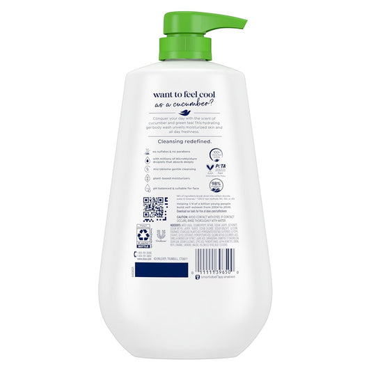 Body wash bottle with green pump and back label panel