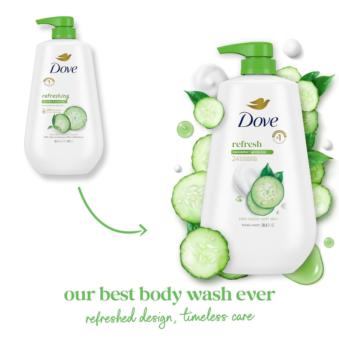 Dove Body Wash with Pump Refresh Cucumber and Green Tea for 24hr Lotion-Soft Skin Moisturizing Skin Cleanser with No Sulfates No Parabens 30.6 oz - Renee Lane Company
