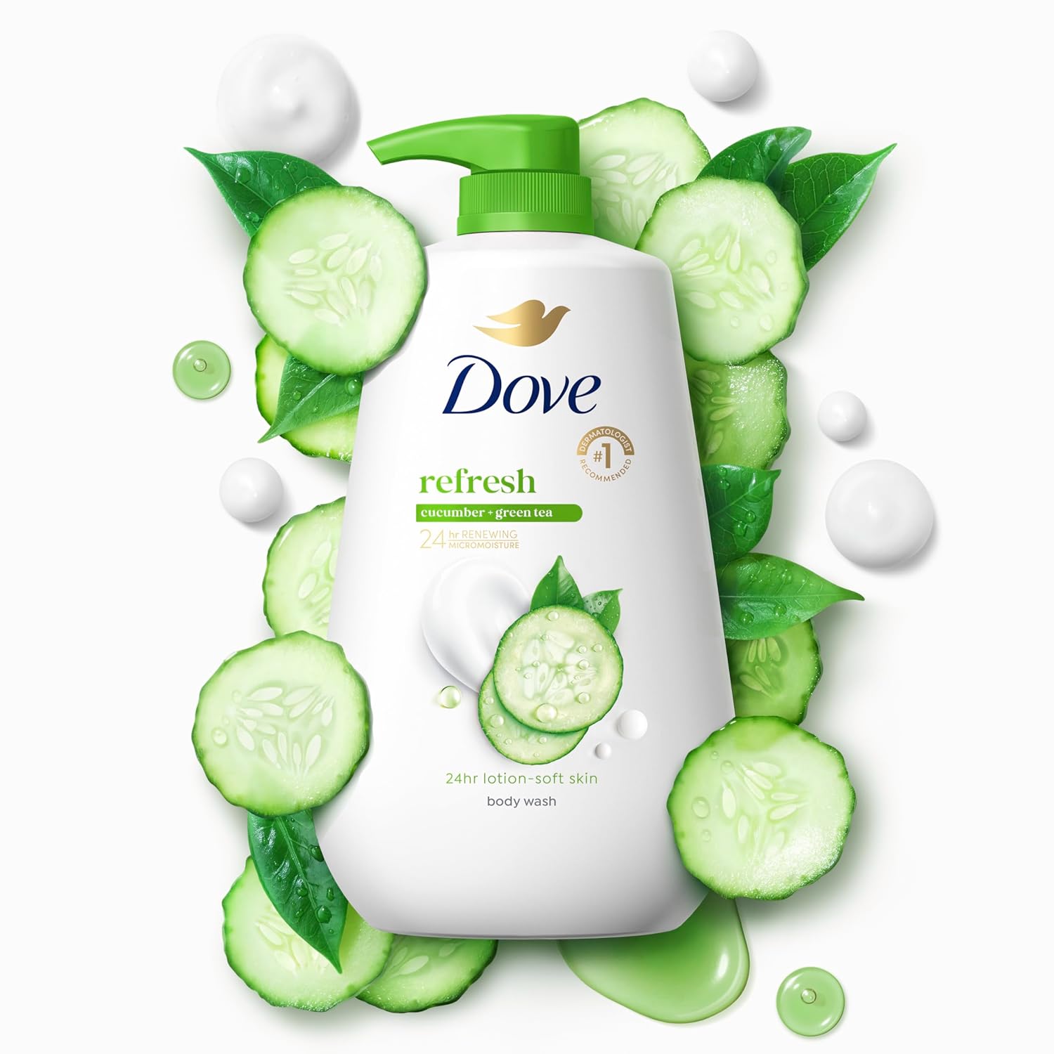 Dove Body Wash with Pump Refresh Cucumber and Green Tea for 24hr Lotion-Soft Skin Moisturizing Skin Cleanser with No Sulfates No Parabens 30.6 oz - Renee Lane Company