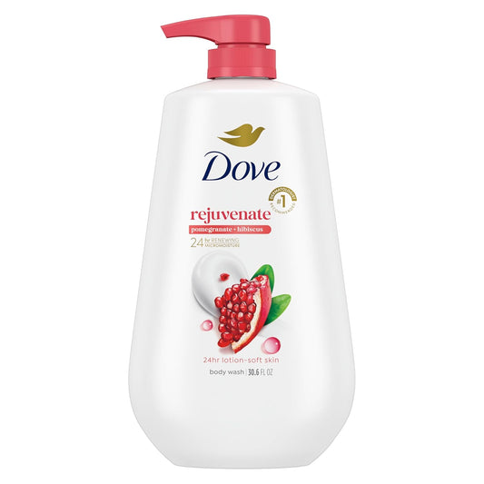Dove body wash pump bottle, white with red pump and pomegranate-hibiscus label