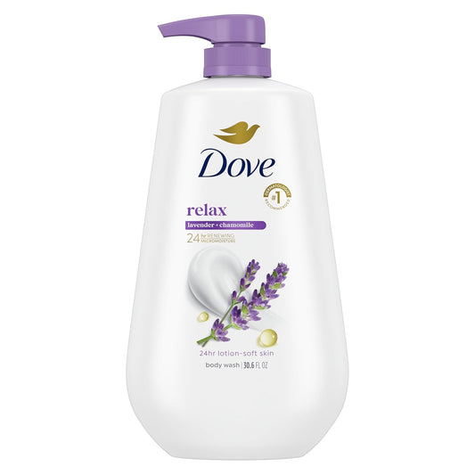 Lavender body wash bottle with purple pump, Dove relax label