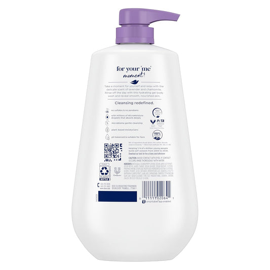 Body wash bottle back with Dove relax information panel and barcode