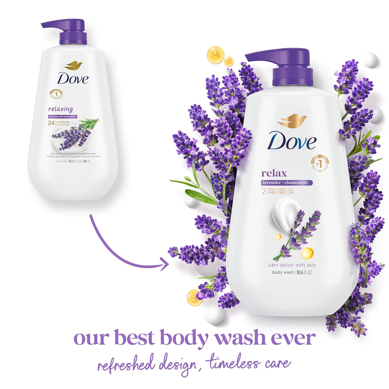 Dove Body Wash with Pump Relax Lavender Oil & Chamomile For 24hr Lotion-Soft Skin Moisturizing Skin Cleanser with No Sulfates No Parabens 30.6 Oz - Renee Lane Company