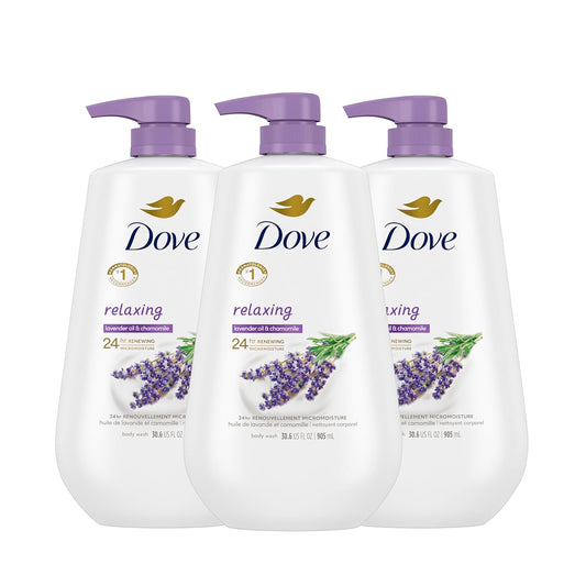 3-count Dove body wash bottles with purple pumps, relaxing lavender and chamomile scent