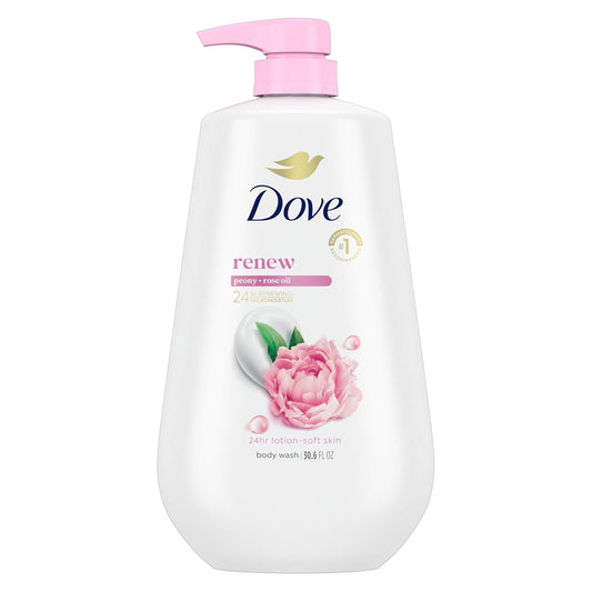 Body wash bottle with pink pump; white Dove renew label with peony & rose oil