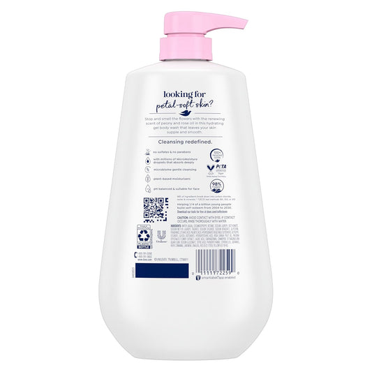 Body wash bottle with pink pump; back panel with product info and barcode