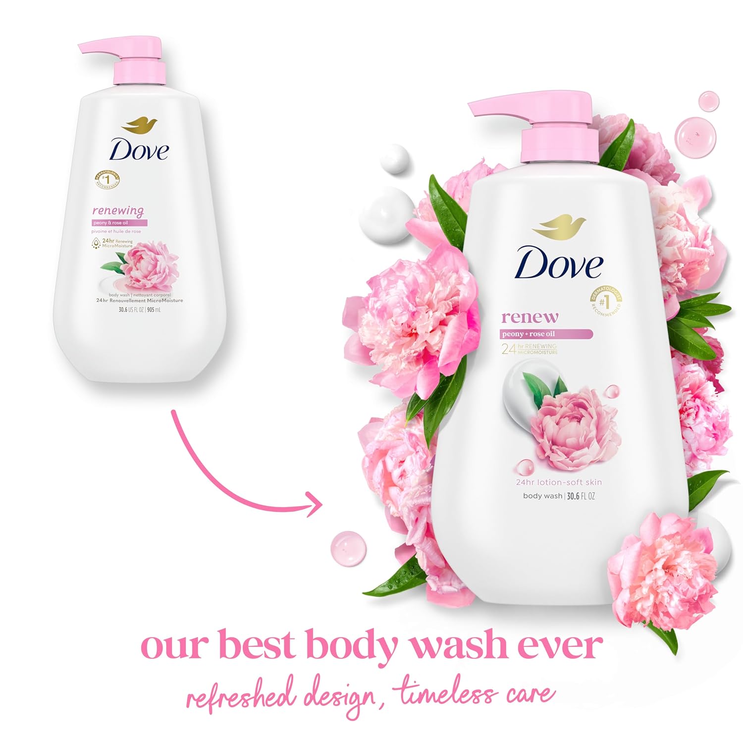 Dove Body Wash with Pump Renew Peony & Rose Oil For 24hr Lotion-Soft Skin Moisturizing Skin Cleanser with No Sulfates No Parabens 30.6 Oz - Renee Lane Company