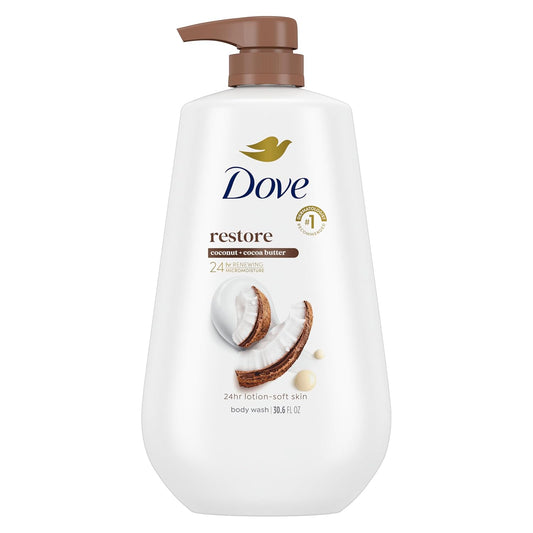 Coconut & cocoa body wash pump bottle, white bottle with brown dispenser