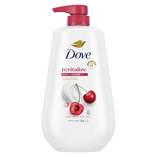 Dove body wash pump bottle, white bottle with red pump and cherry-milk label.