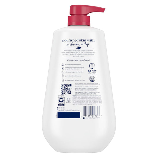 Dove body wash pump bottle, white bottle with red pump and back ingredient label.