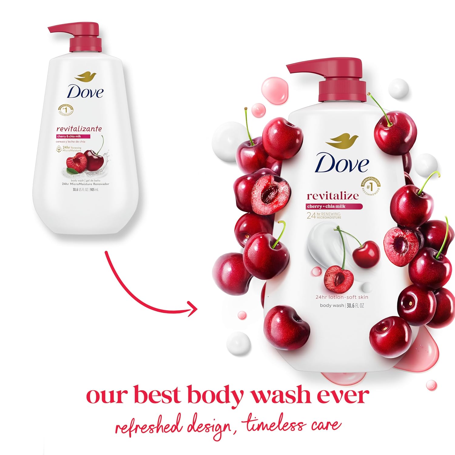 Dove Body Wash with Pump Revitalizante Cherry & Chia Milk, for Renewed, Healthy Looking Skin, Moisturizing Gentle Skin Cleanser with 24hr Renewing MicroMoisture, 30.6 oz - Renee Lane Company