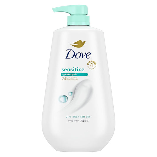 Dove Sensitive skin body wash bottle with teal pump, white lotion formula