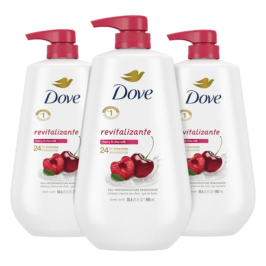 Dove body wash pump bottles, white with red pump tops, cherry & chia milk scent
