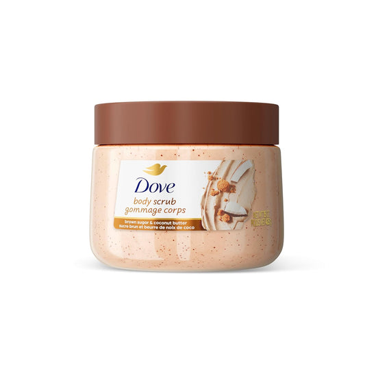 Body scrub jar with brown sugar and coconut butter exfoliating beads, Dove