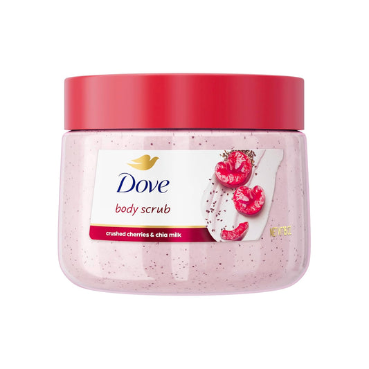 Dove body scrub jar with pink lid and cherry chia milk label.