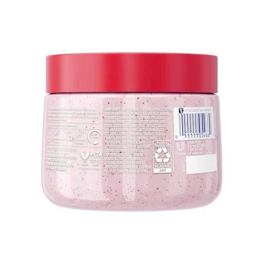 Dove body scrub jar back panel with barcode and ingredient info.
