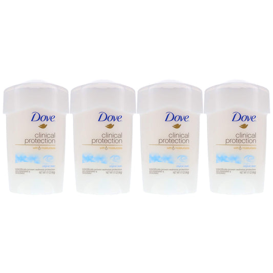 4-pack Dove Clinical Protection deodorant containers, white with blue labels