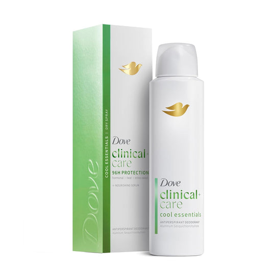 Dove Clinical + Care antiperspirant deodorant dry spray bottle with green accents