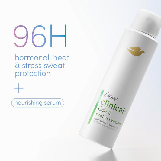 Dove Clinical + Care antiperspirant deodorant dry spray bottle, angled view