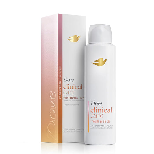 Dove Clinical + Care antiperspirant dry spray bottle, fresh peach label, white cap