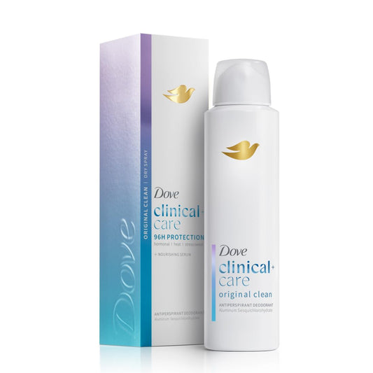 Dove Clinical Care dry spray antiperspirant deodorant can with matching box