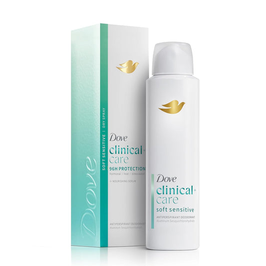 Dove Clinical+Care dry spray antiperspirant deodorant can with soft sensitive box
