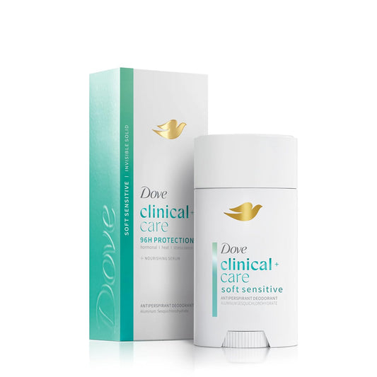 Dove Clinical Care 96H deodorant stick with box, white tube, teal stripe and gold logo